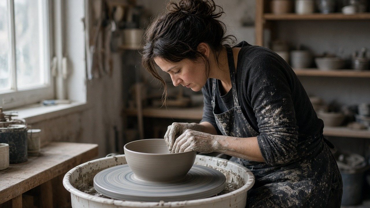 Potter throwing a clay bowl on a wheel in a small ceramics studio