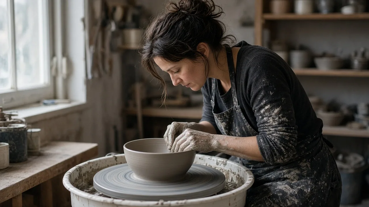 Potter throwing a clay bowl on a wheel in a small ceramics studio