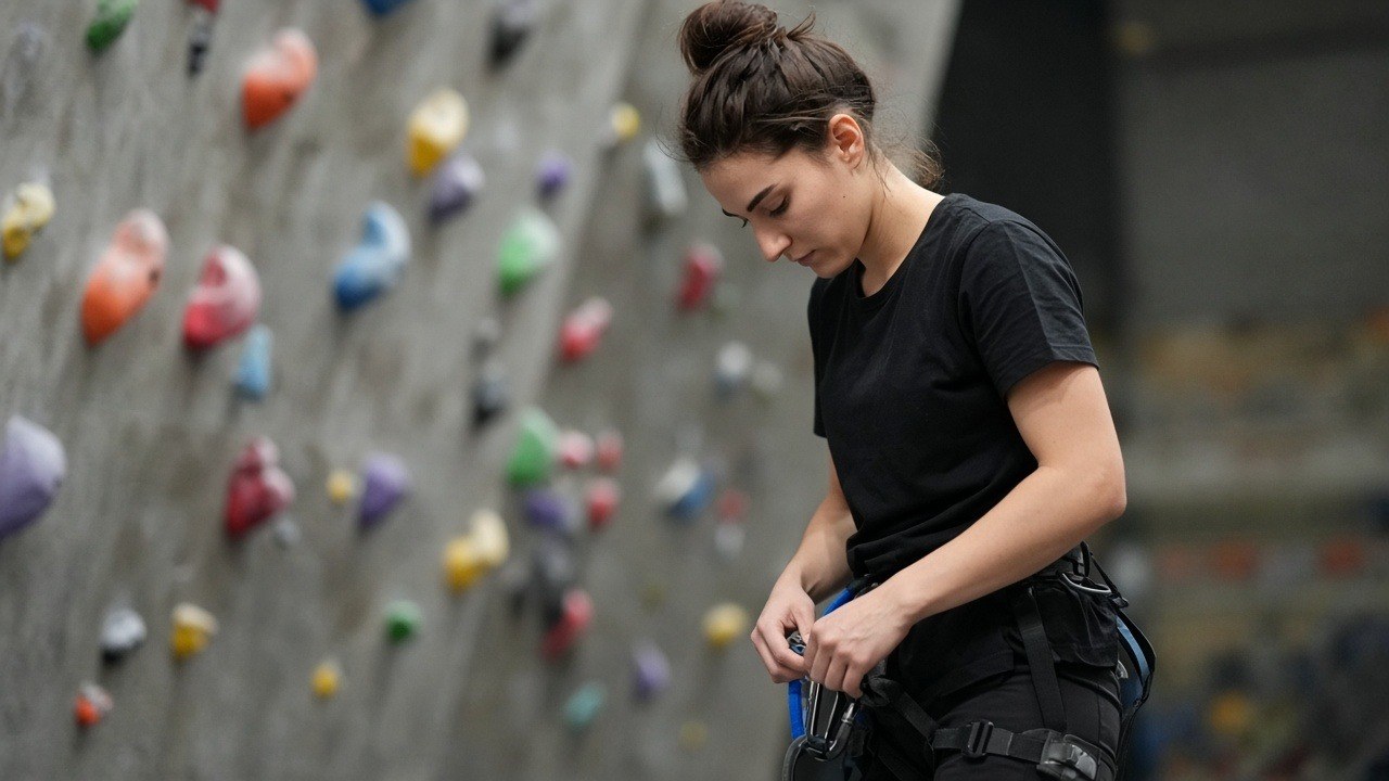 Climbing gym staff member in a black shirt checking a harness buckle in front of a bouldering wall before opening