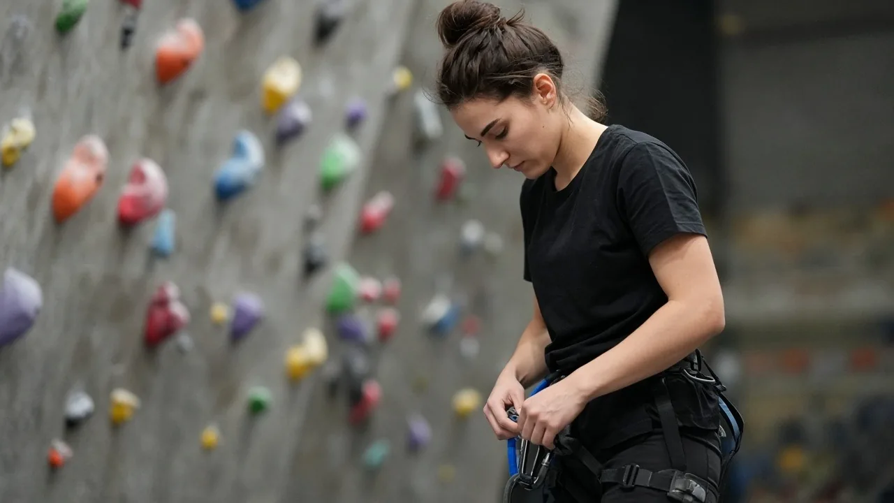 Climbing gym staff member in a black shirt checking a harness buckle in front of a bouldering wall before opening