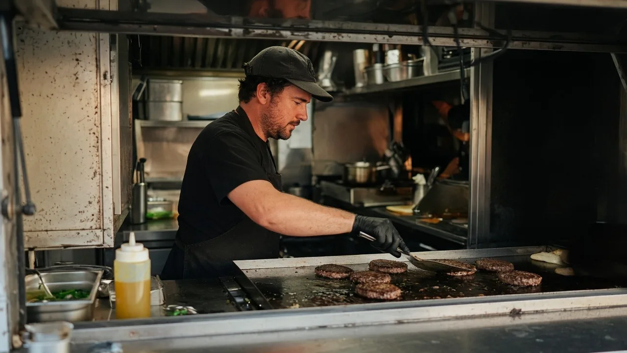 Food truck cook in a black cap and gloves flipping burger patties on the flat-top griddle inside a stainless-steel truck kitchen