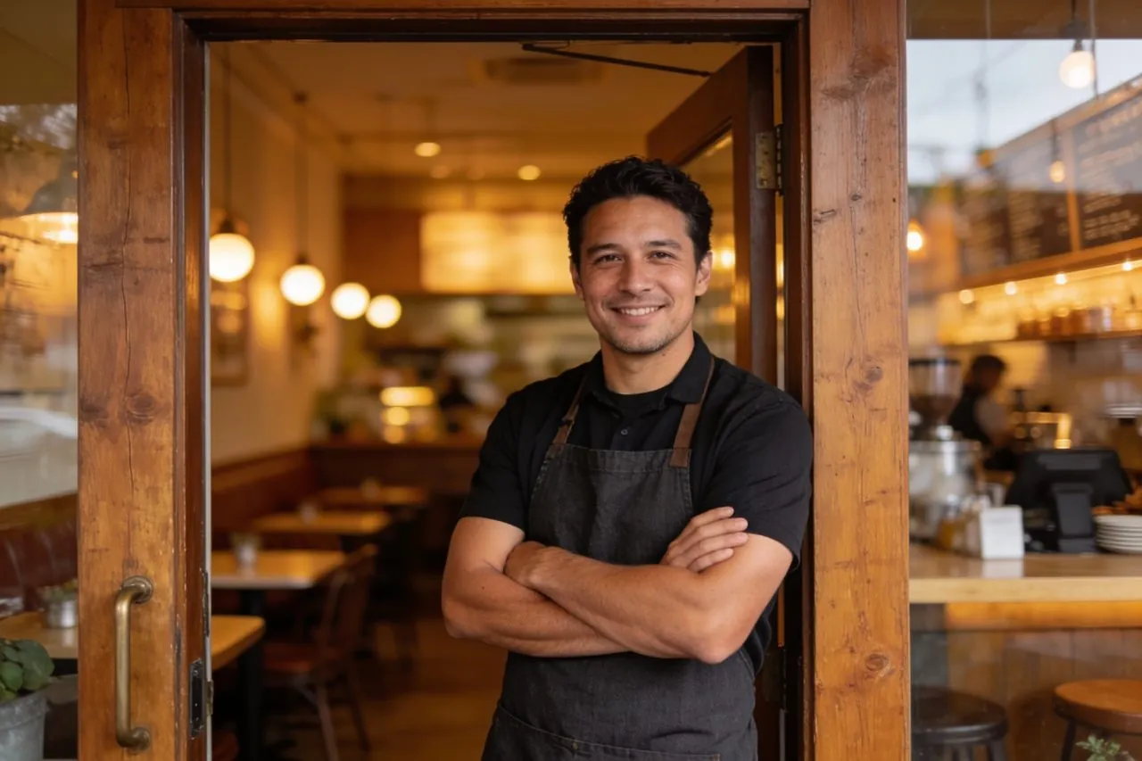 Cafe owner standing proudly in the doorway of their shop
