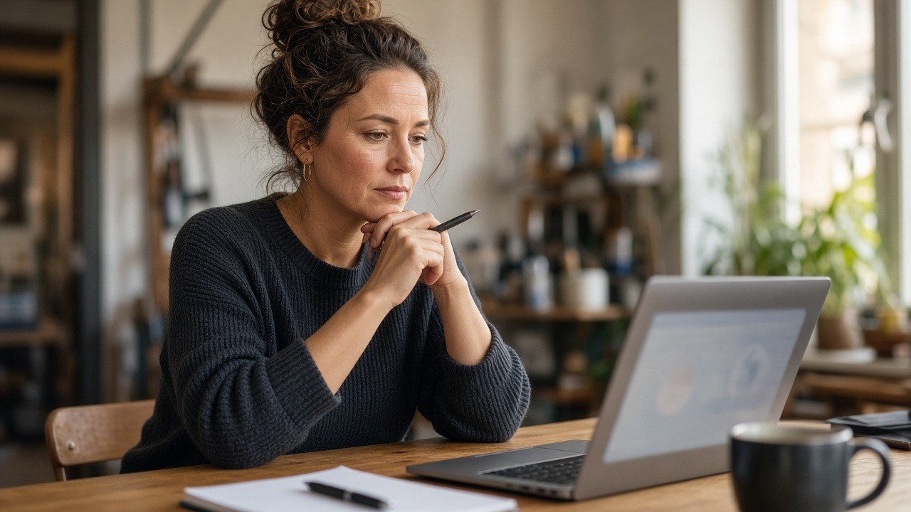 Small business owner weighing funding options on a laptop at a table
