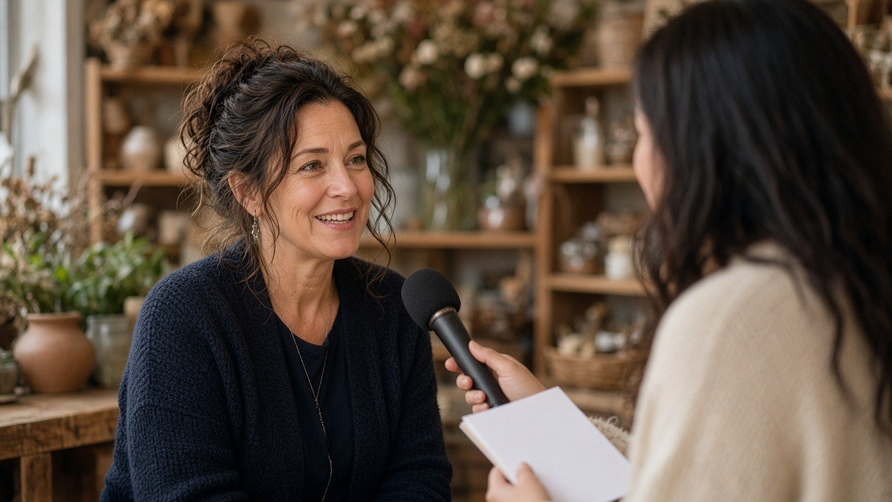 Small business owner interviewed by a local journalist holding a microphone in her shop