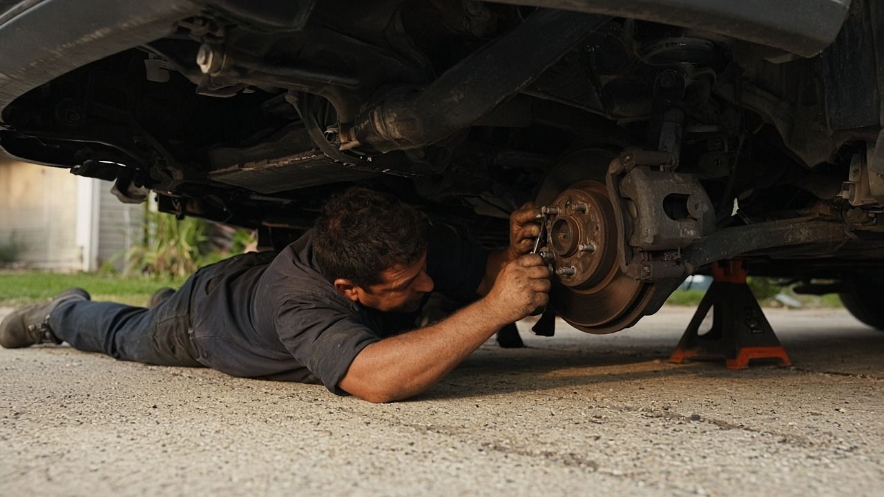 Independent mobile mechanic working on a car's brakes in a driveway