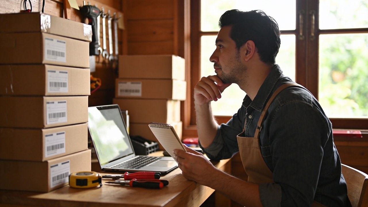 Solo business owner working at a laptop in a small home workshop beside stacked customer orders and tools