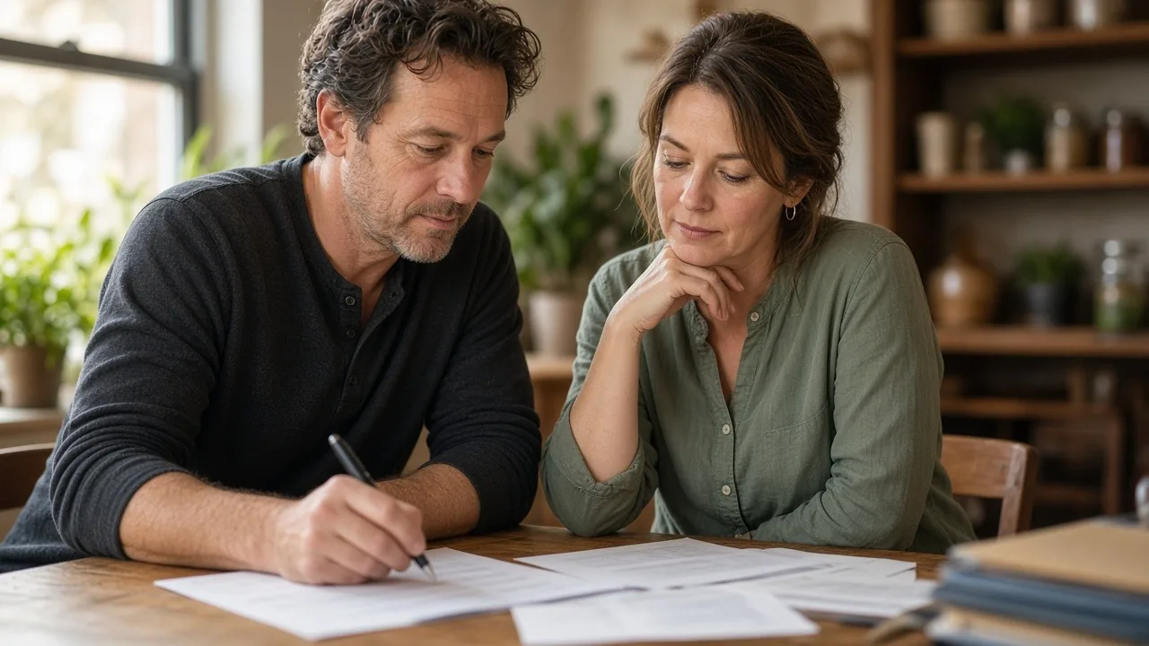 Two small-business co-owners at a wooden kitchen table reviewing printed funding paperwork together, one writing notes with a pen, plants and shelves behind them