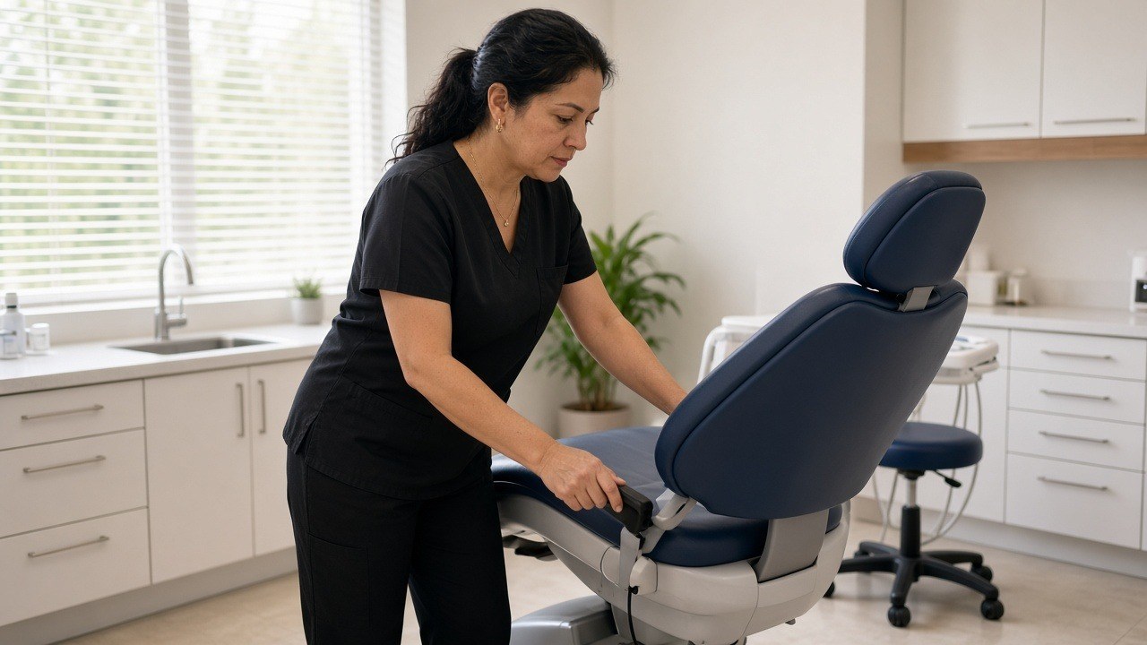 Dental practice owner in black scrubs adjusting the patient chair in a bright treatment room before the first appointment