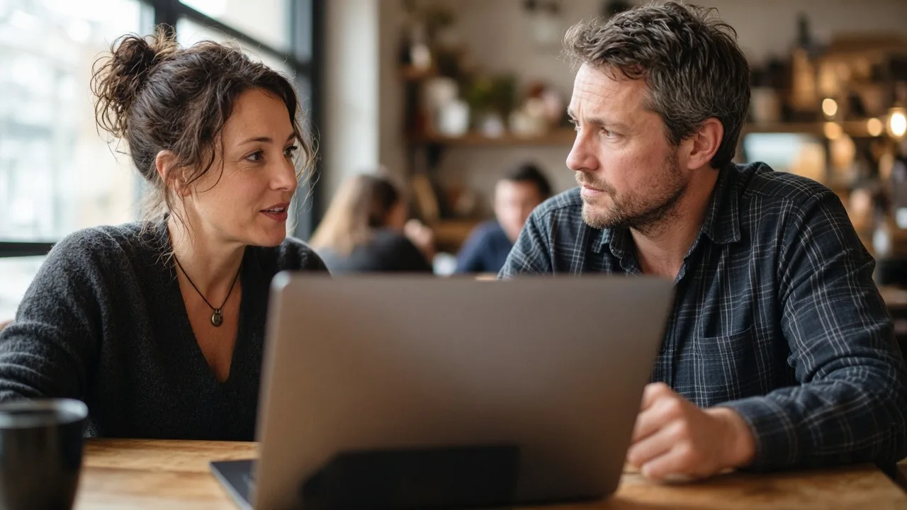 Business owner in a plaid shirt reviewing a project on a laptop with a contractor at a wooden cafe table