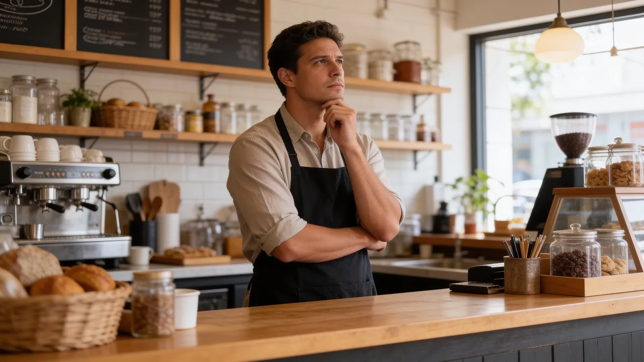 Small business owner weighing whether to hire a contractor or an employee at a workshop table - 1099 vs W-2 hiring decision.
