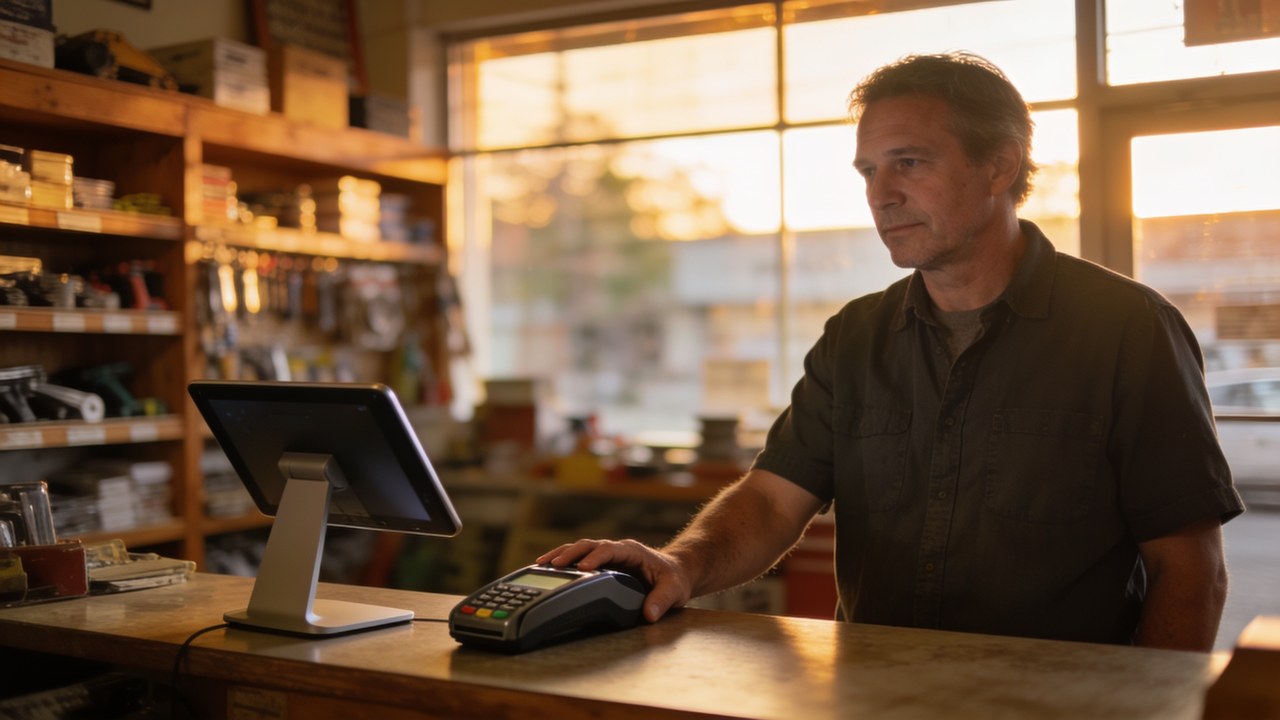 Hardware store owner standing at the counter with a hand resting on a card-payment terminal beside a newer tablet point-of-sale stand, late afternoon light through the storefront