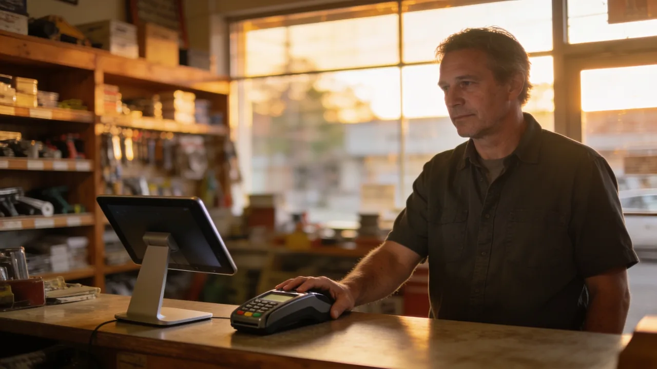 Hardware store owner standing at the counter with a hand resting on a card-payment terminal beside a newer tablet point-of-sale stand, late afternoon light through the storefront