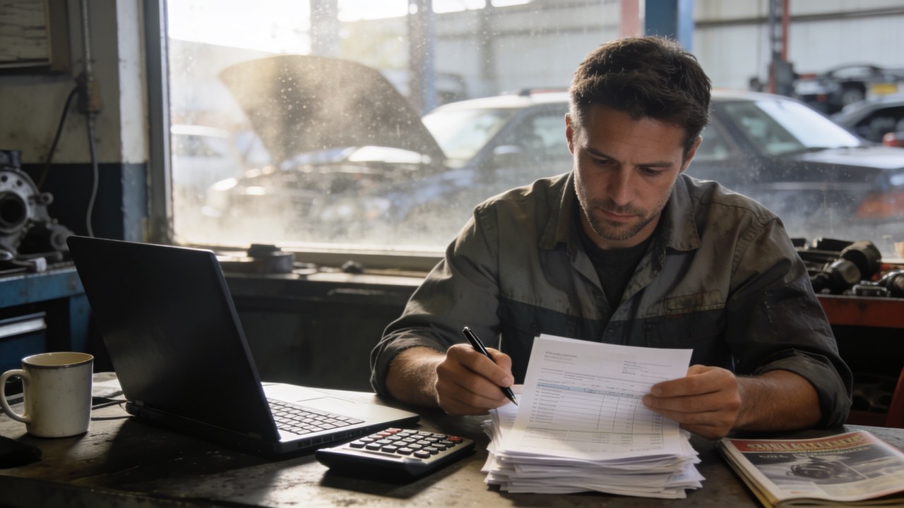 Auto repair shop owner at a back-office desk reviewing printed bank statements beside an open laptop and a desk calculator in morning light