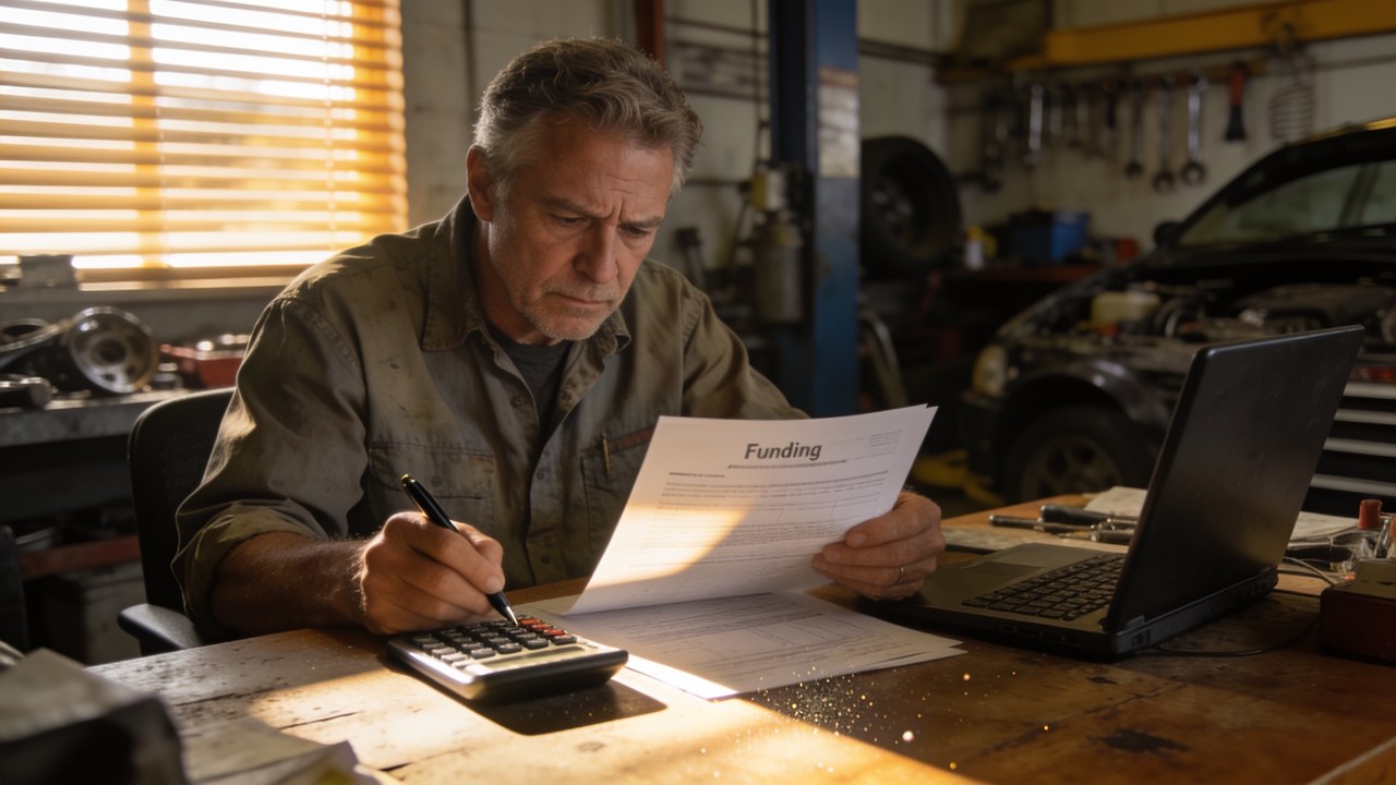 Auto repair shop owner at his back-office desk in late afternoon light, reading a printed funding agreement with a pen and calculator in front of him