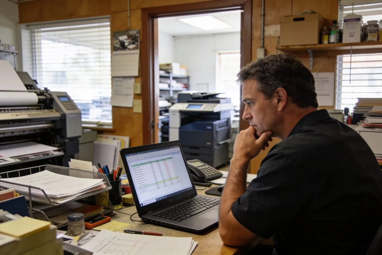 Print shop owner reviewing his business numbers on a laptop in the back office