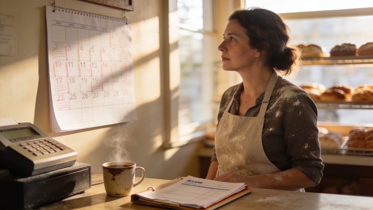 Bakery owner behind her counter in morning light, looking at a wall calendar beside the register with a folder of bank statements open in front of her