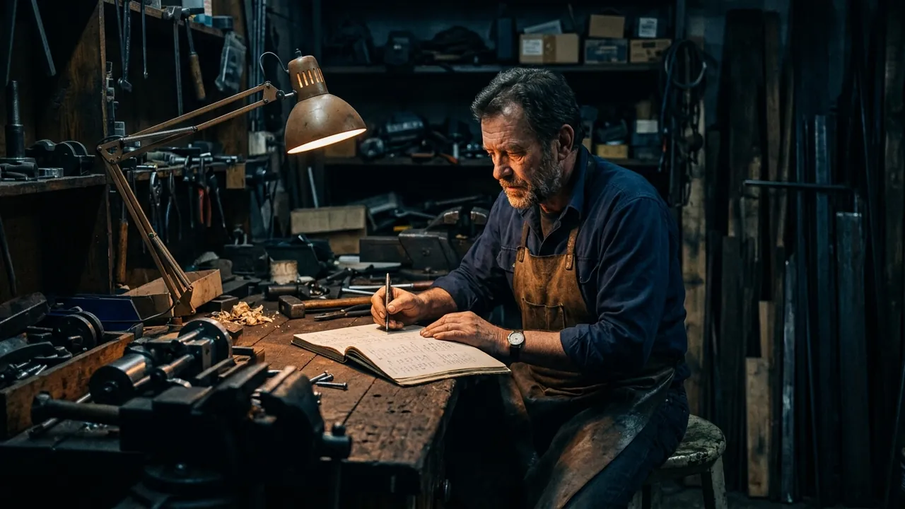 Business owner working late at a small workshop bench reviewing monthly figures in a notebook under a desk lamp