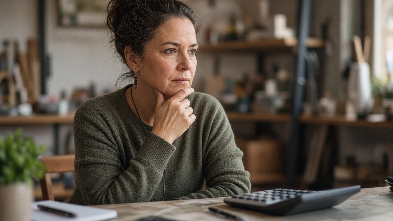 Business owner thinking carefully at a desk beside a calculator