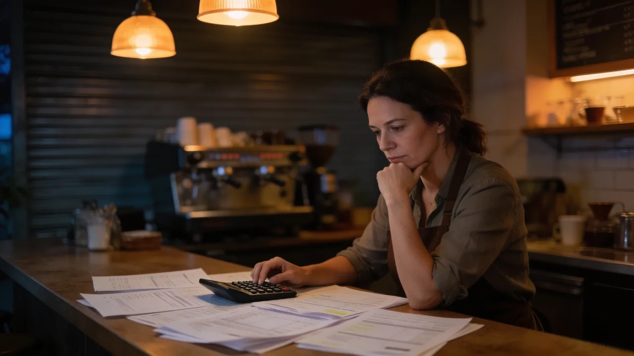 Small business owner reviewing printed bank statements with a calculator at the counter of her closed coffee shop in the evening