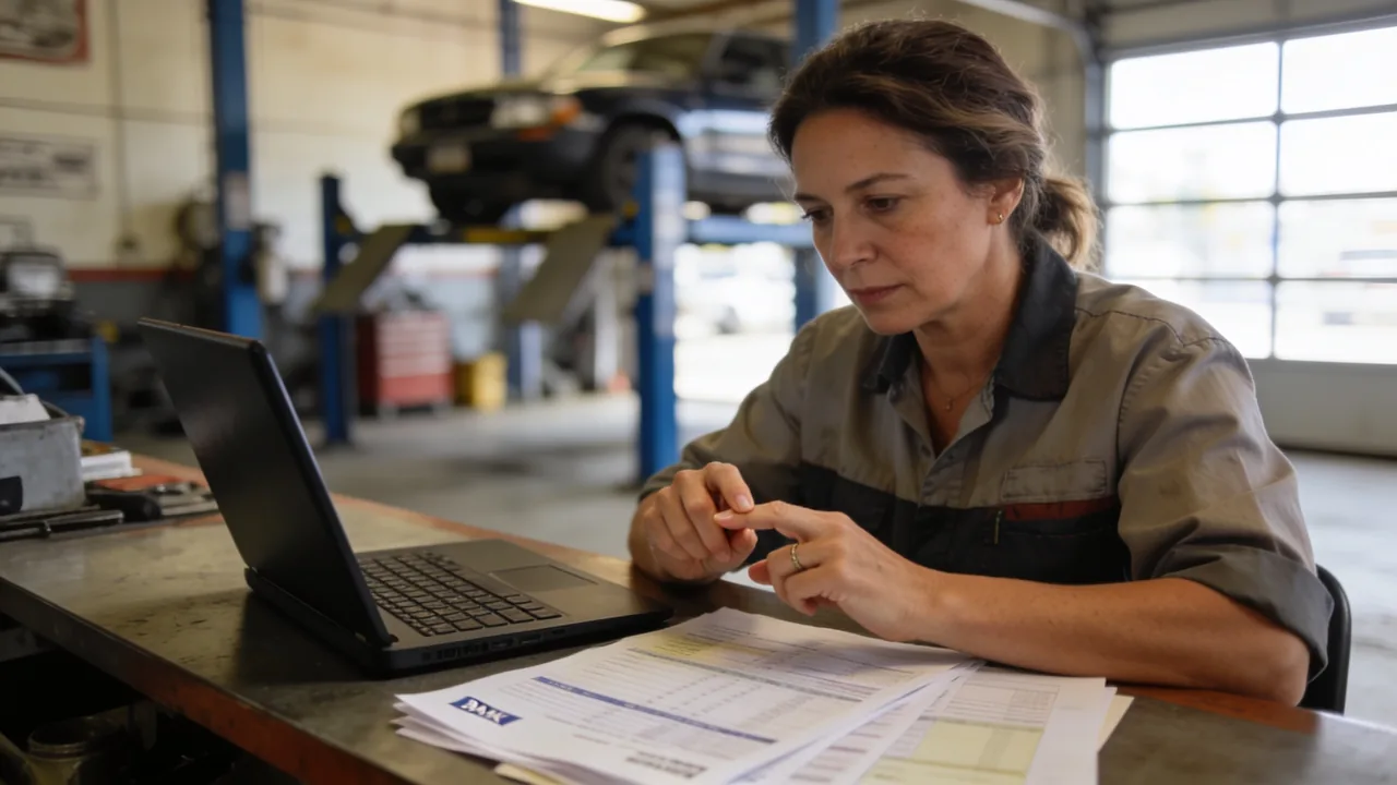 Auto repair shop owner at her service counter counting months on her fingers beside a laptop and a spread of bank statements, a vehicle on a lift behind her