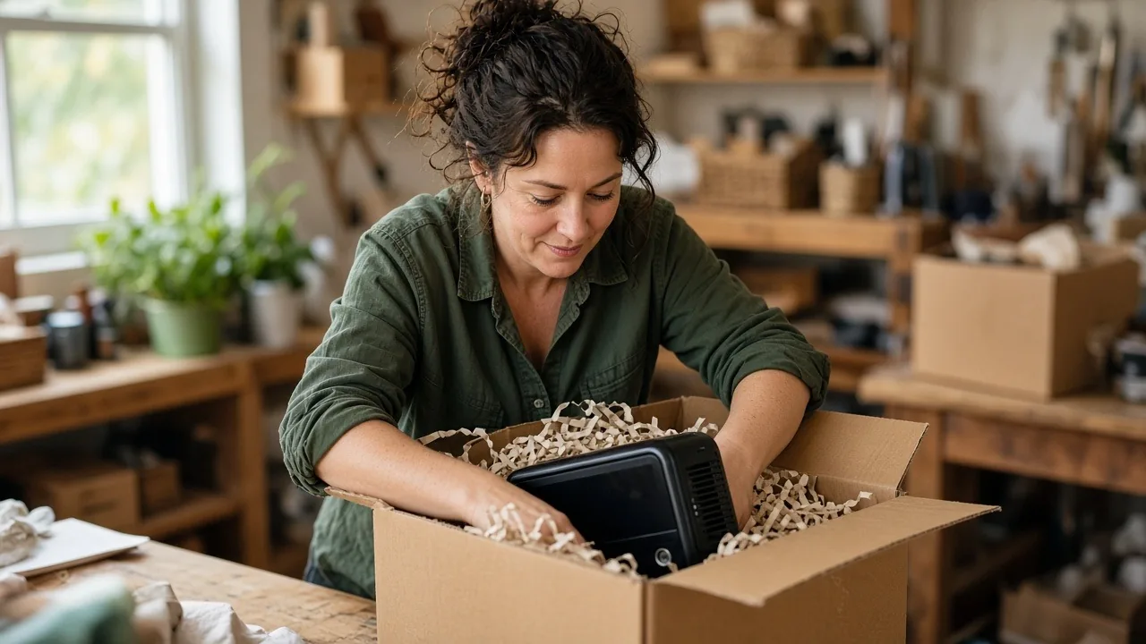 Shop owner unpacking new equipment from a shipping box in her store