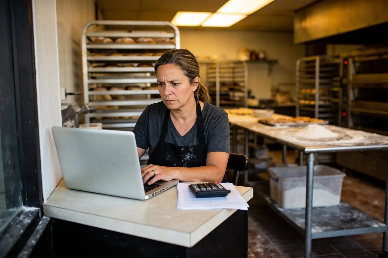 Bakery owner working out a repayment plan on a laptop in her kitchen