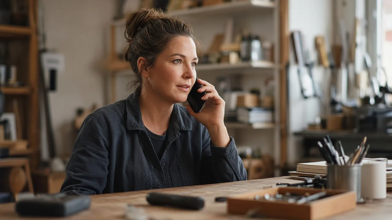 Business owner calmly on the phone with a client at her workshop desk
