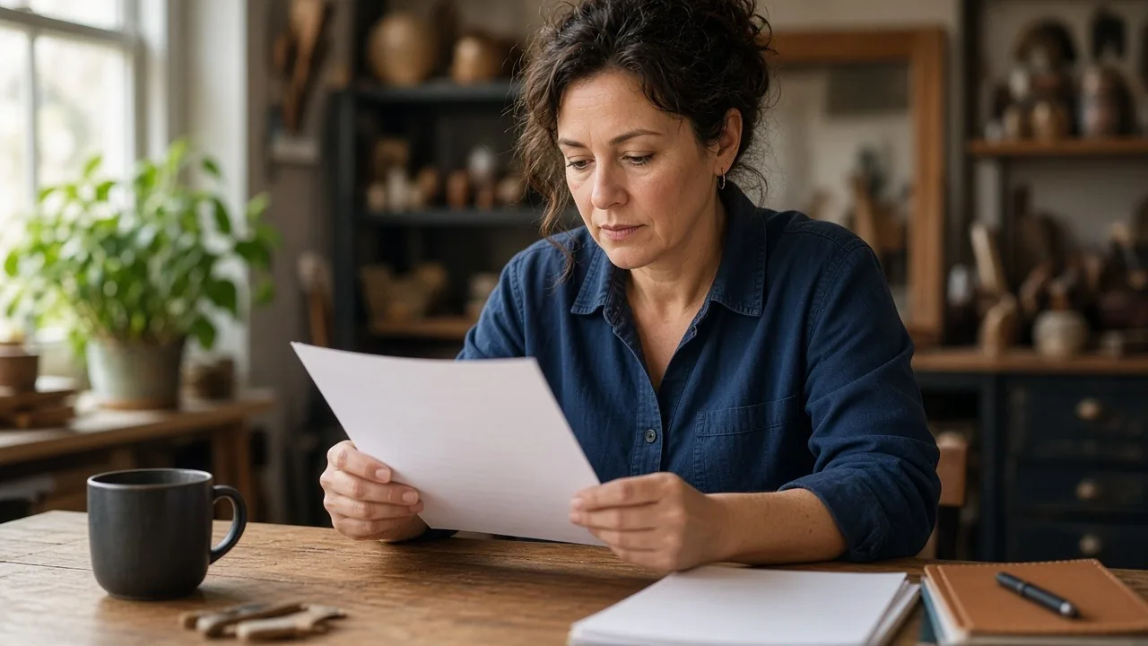 Business owner carefully reading a funding agreement at her desk