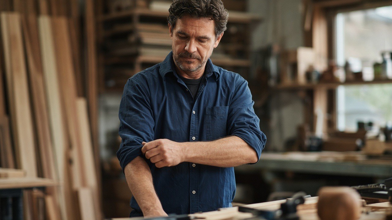 Determined workshop owner rolling up his sleeves beside his workbench