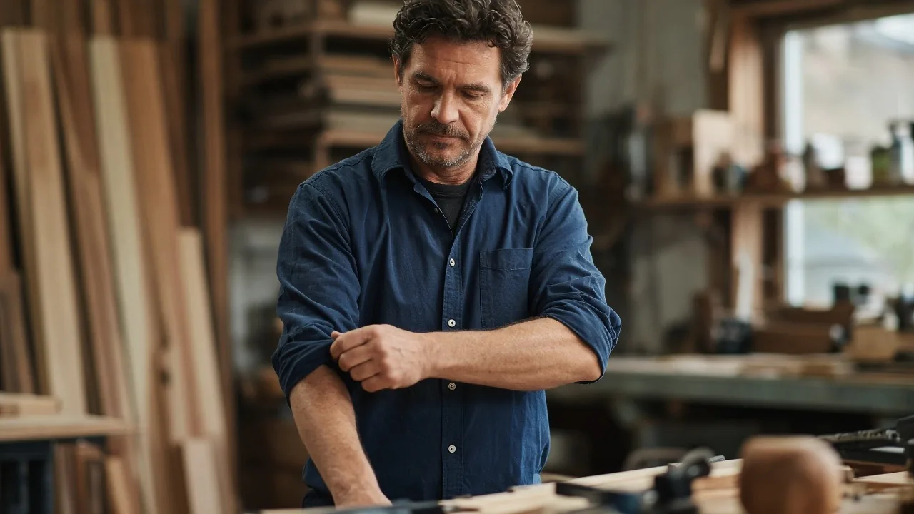 Determined workshop owner rolling up his sleeves beside his workbench