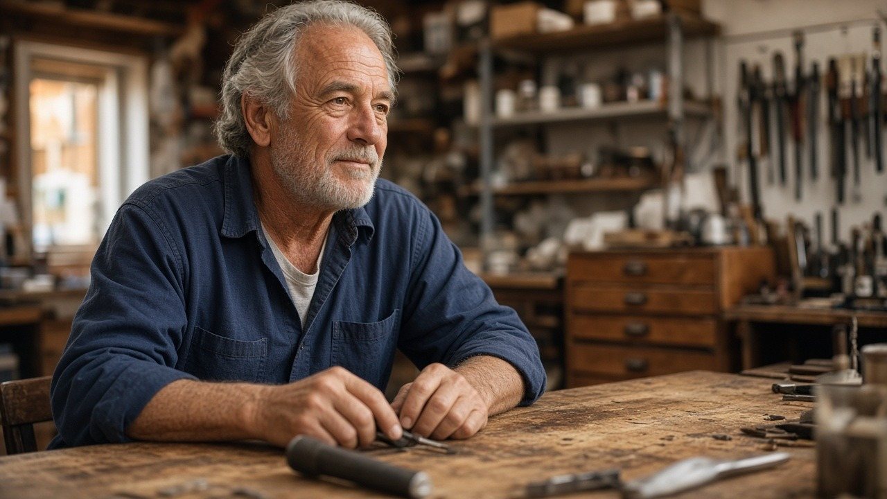 Longtime owner seated at the workbench of his established family shop