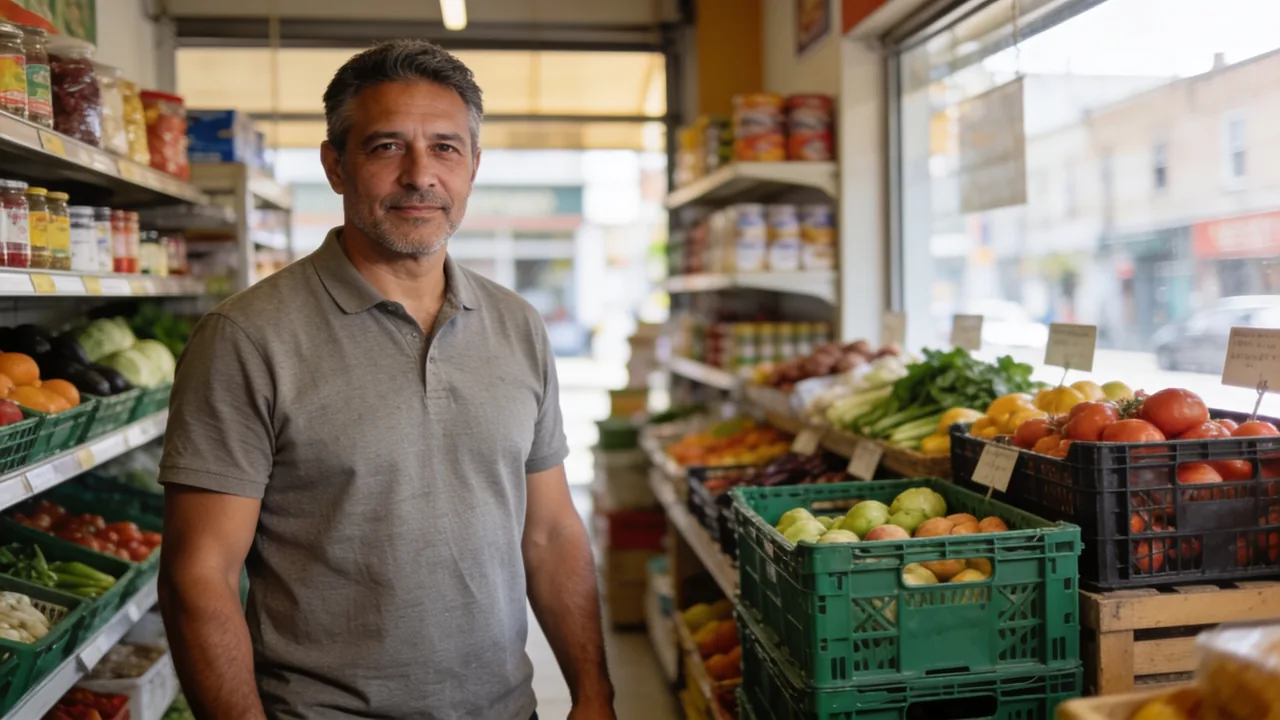 Owner of an independent neighbourhood grocery and international foods market standing in the aisle of his shop beside crates of fresh produce