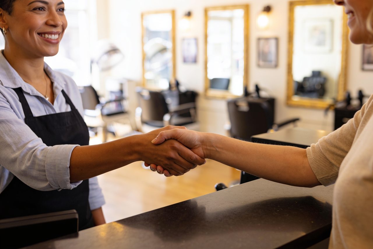Salon owner shaking hands with a returning client at the reception desk