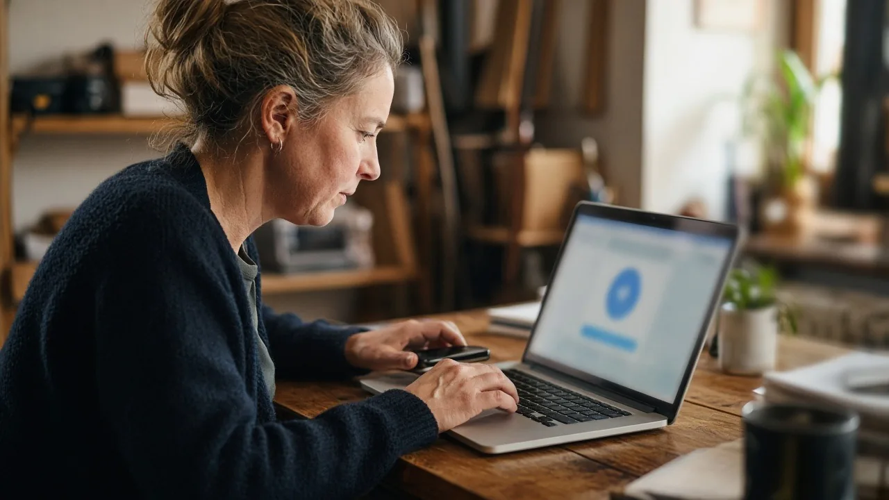 Small office owner setting up two-factor login with her phone and laptop