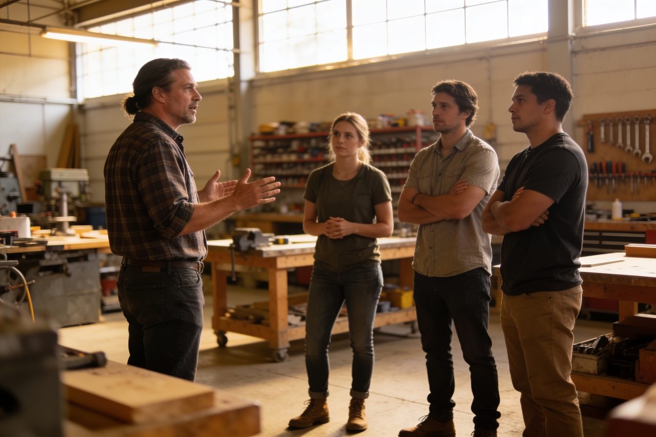 Small business owner training a new employee against a written quality checklist in a busy workshop