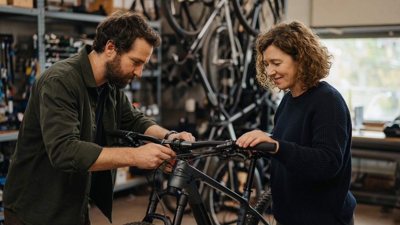 Bike shop owner adjusting a new bike for a returning customer