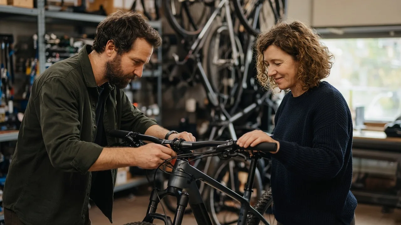 Bike shop owner adjusting a new bike for a returning customer