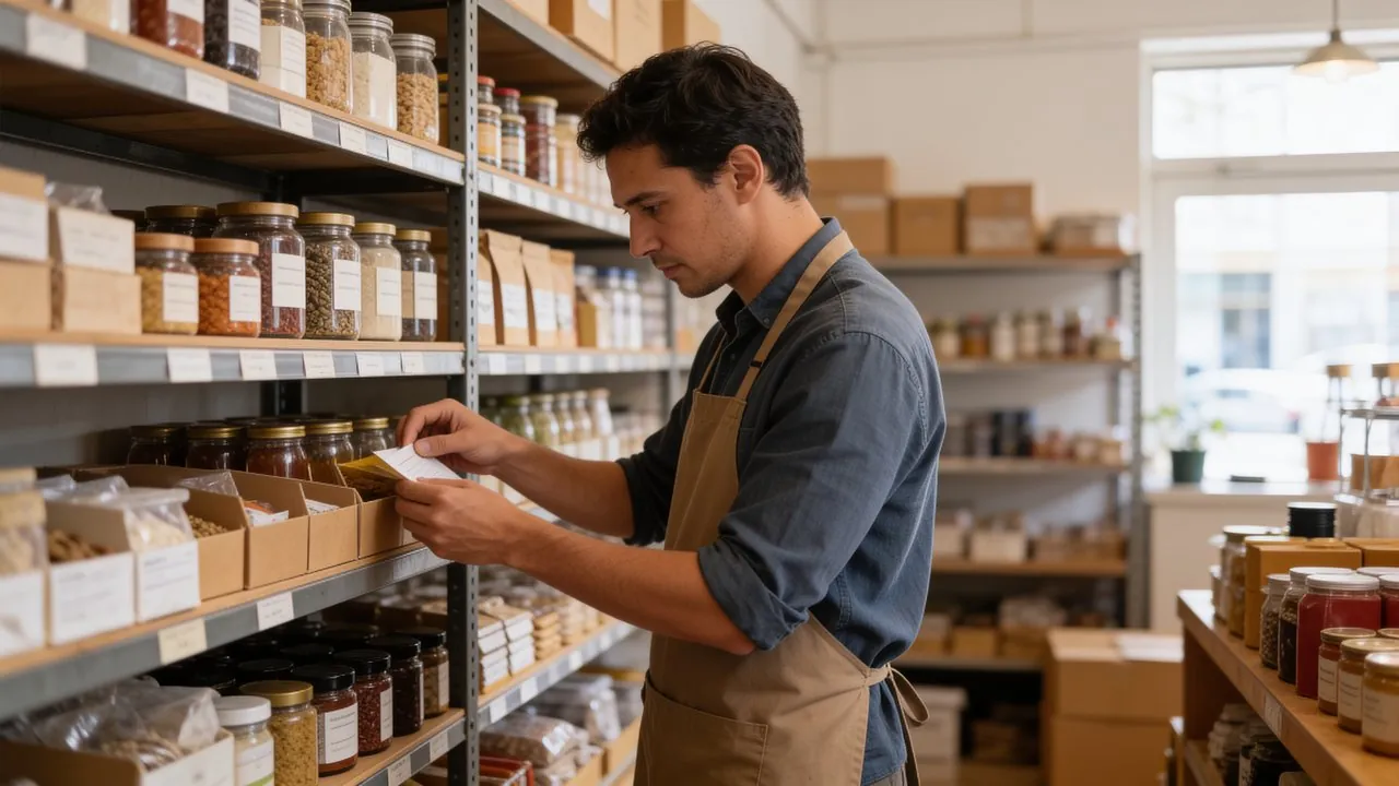 Small business owner reviewing inventory and stock levels on shelves in a warehouse