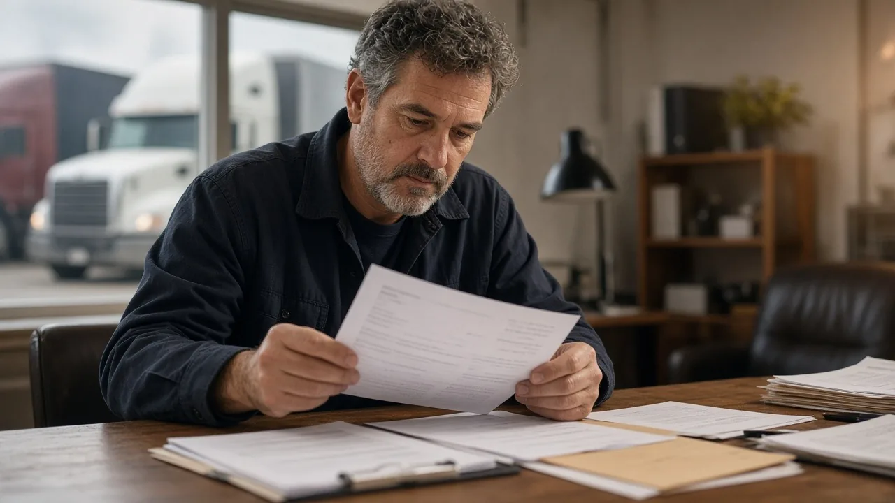 Trucking company owner at a wooden desk reading an invoice, with stacks of paperwork and a clipboard in front of him and semi trucks parked outside the office window