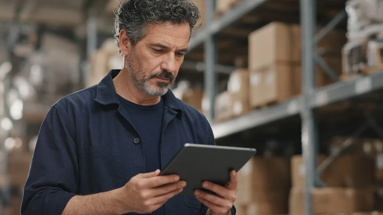 Supplier owner reviewing orders on a tablet in his warehouse