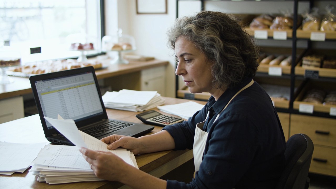 Bakery owner at a back-office desk reviewing funding paperwork beside a laptop showing an accounting ledger