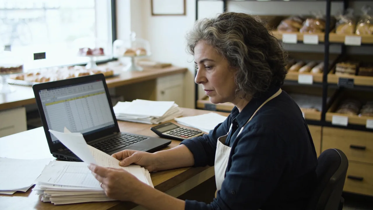 Bakery owner at a back-office desk reviewing funding paperwork beside a laptop showing an accounting ledger