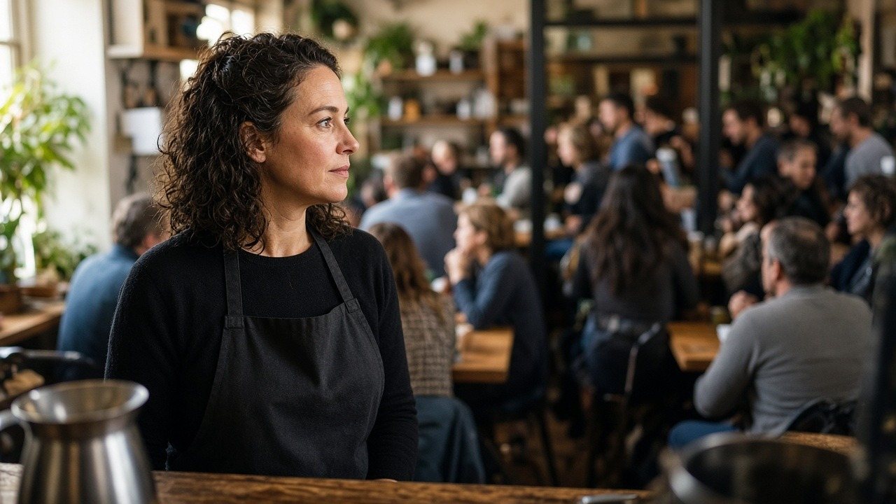 Cafe owner in an apron looking out over a packed cafe
