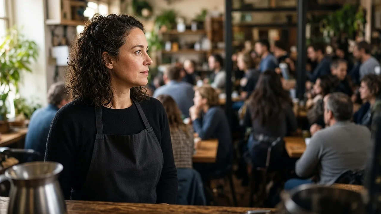 Cafe owner in an apron looking out over a packed cafe