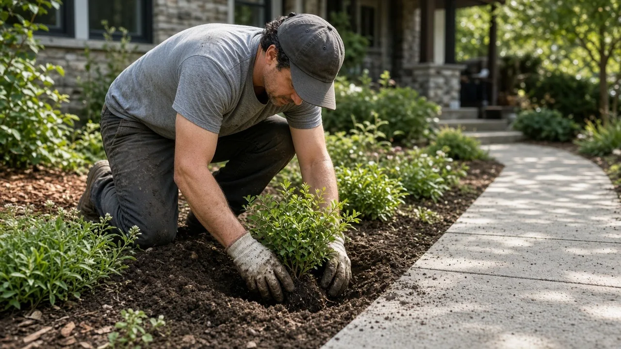 Landscaper in a gray cap and work gloves kneeling in a mulched garden bed to plant a young shrub beside a concrete walkway