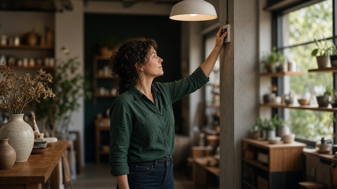 Shop owner switching off the lights in her store at closing time