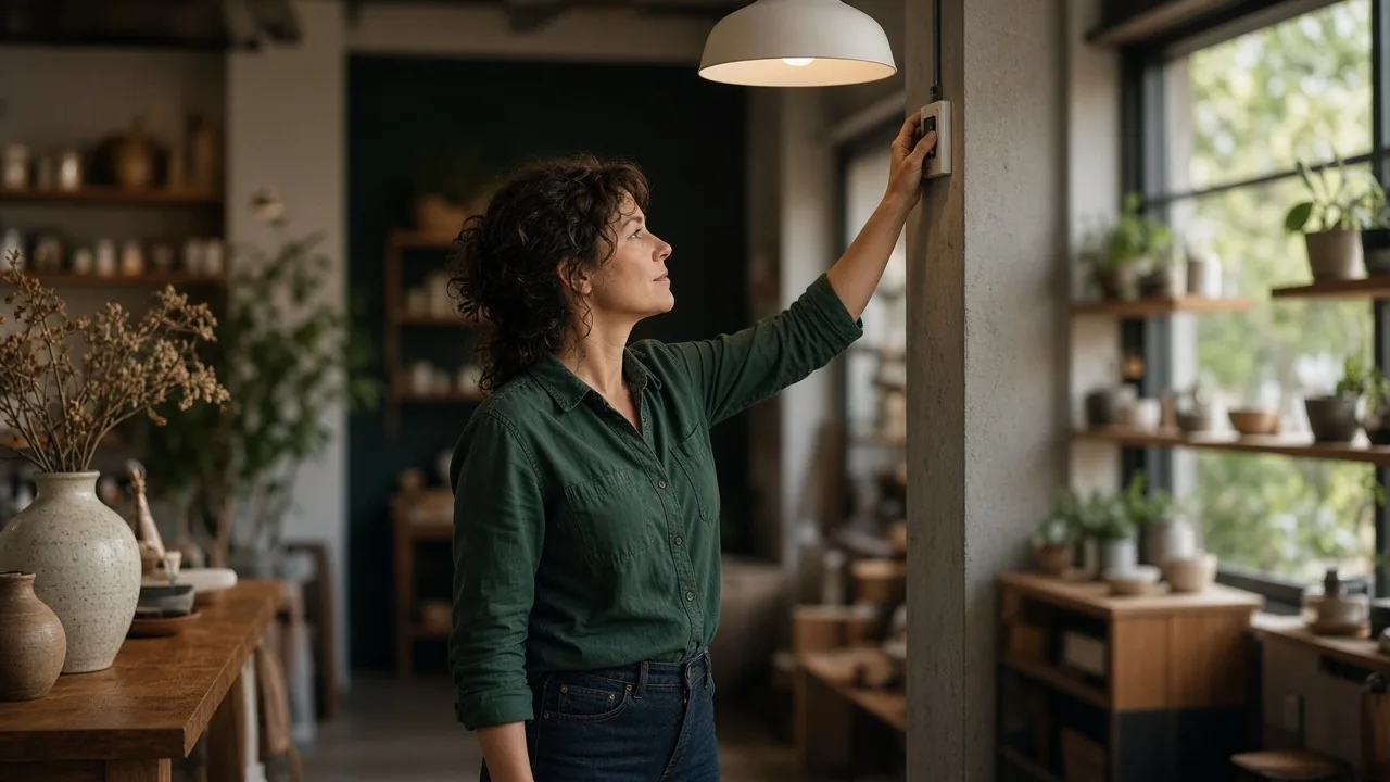 Shop owner switching off the lights in her store at closing time