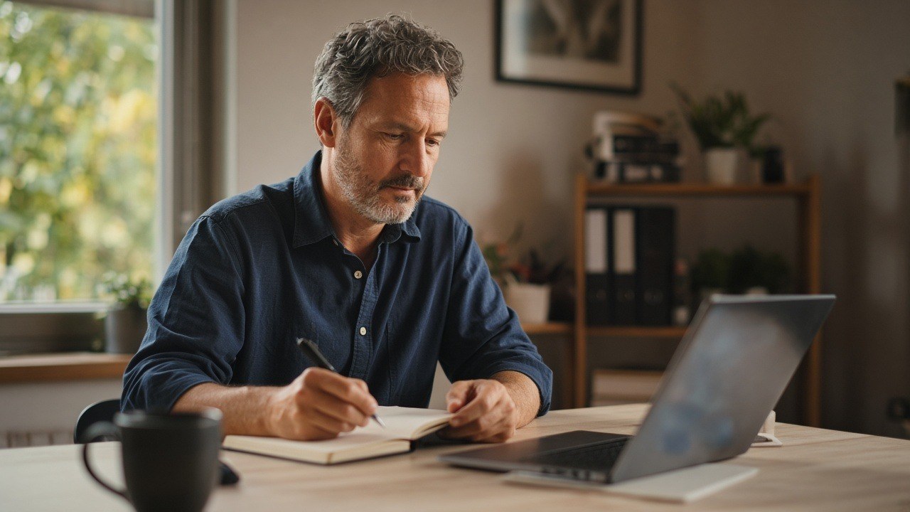 Business owner taking notes in a notebook beside a laptop at a home office desk
