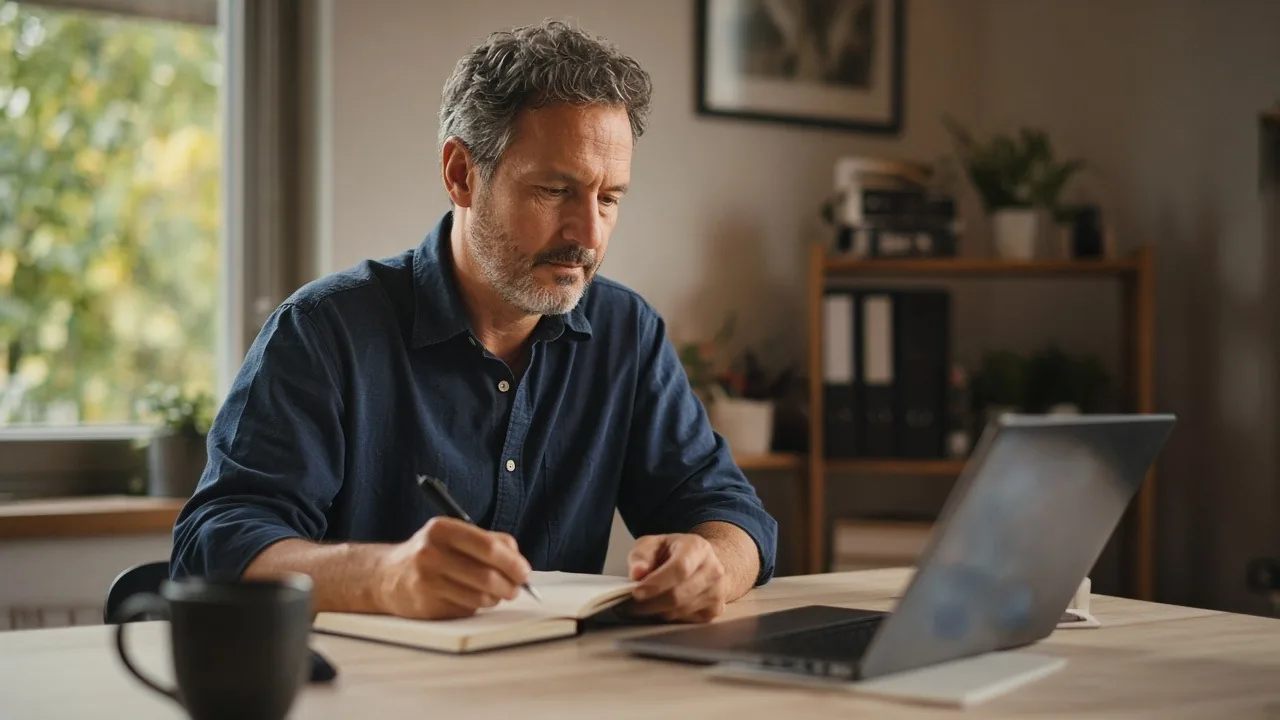 Business owner taking notes in a notebook beside a laptop at a home office desk