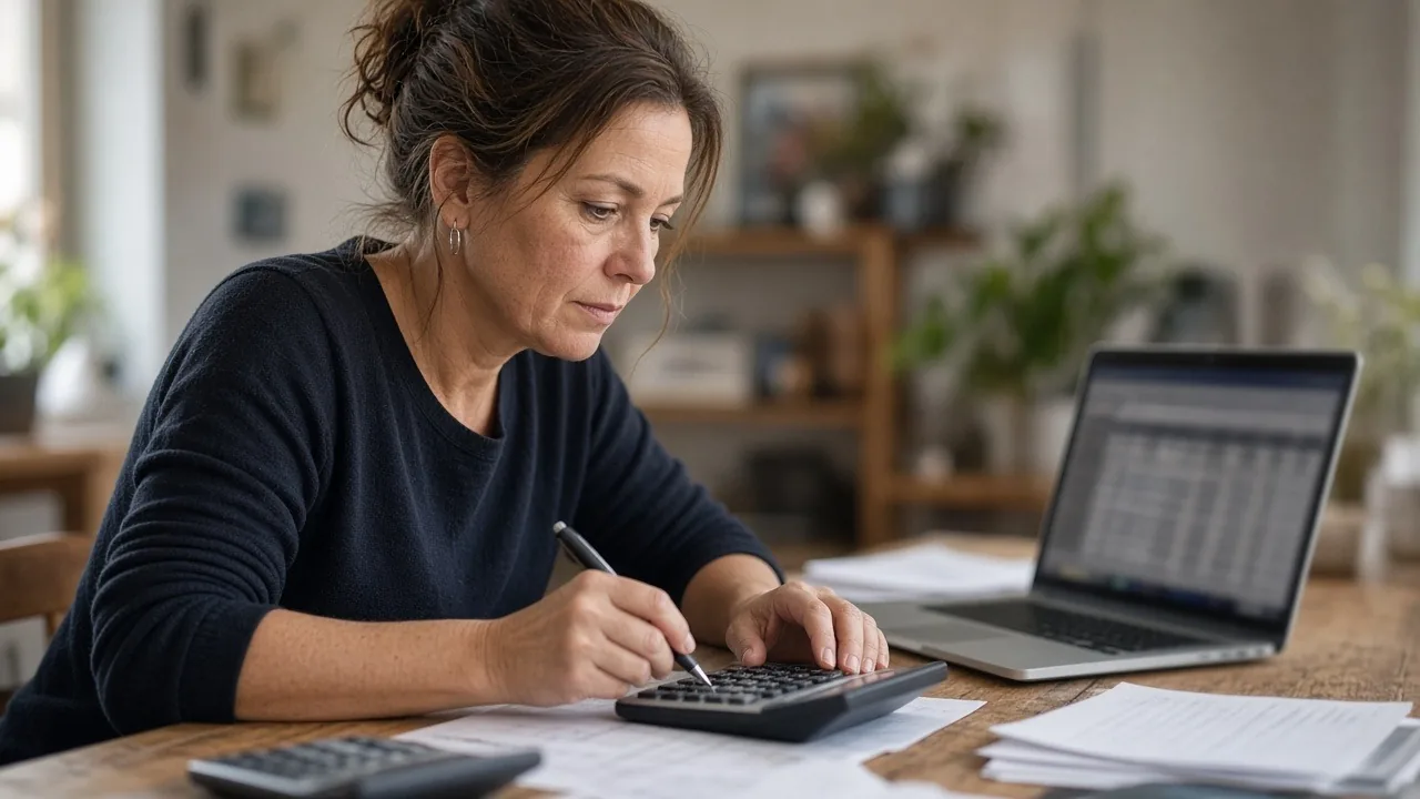 Small-business owner working through invoices with a pen and calculator beside a laptop spreadsheet at a wooden table